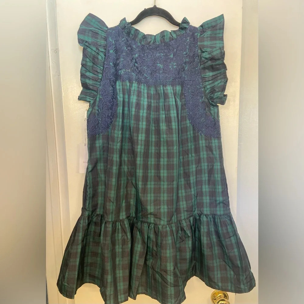 NWT The Joyce Ruffle Neck Dress Hunter Navy & Green Plaid Size Small - Picture 5 of 10